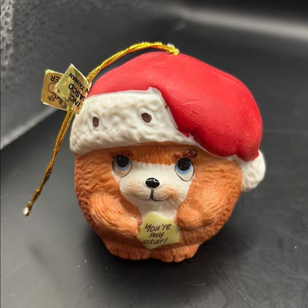 Vintage Chimers Taiwan Christmas Bear Ornament with Red Santa Hat